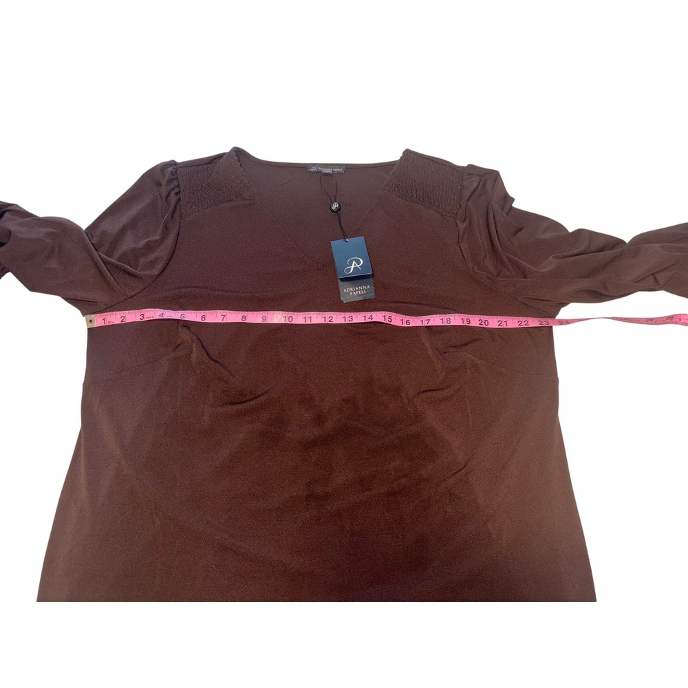 Adrianna Papell Women Brown Smocked Sleeve V-Neck Blouse Top 1X Career Capsule - Picture 13 of 16